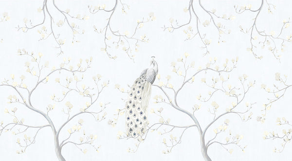 Papier peint Japon Paon aux Magnolias Gris Perle
